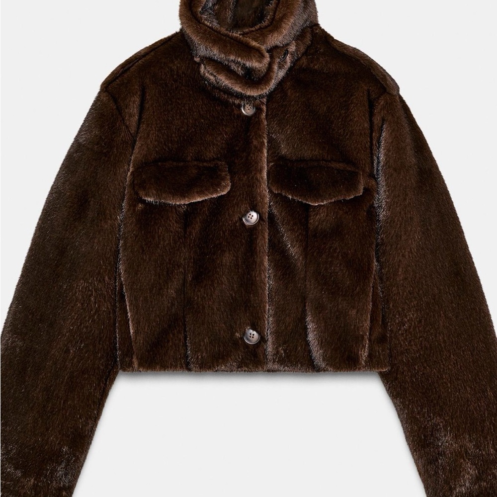 Zara Dark Brown Faux Fur Bomber Jacket